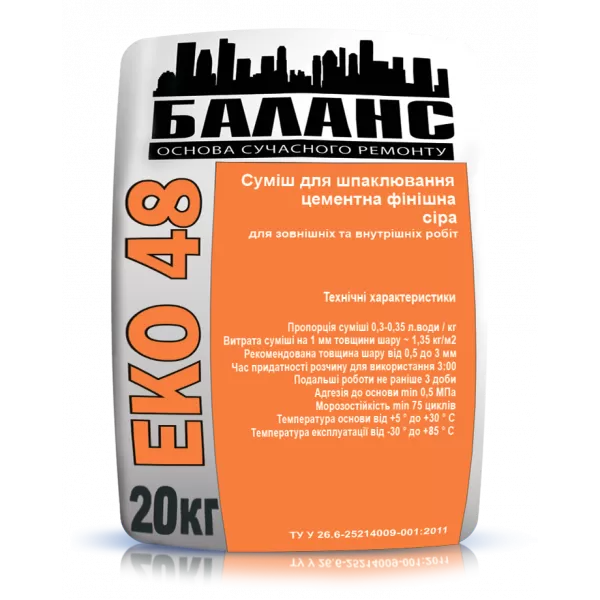 Шпаклівка цементна фінішна Баланс ЕКО 48, 20 кг